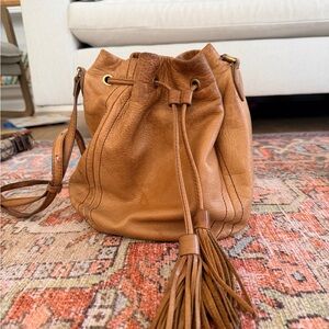 J. Crew Tan Leather Tassel Drawstring Crossbody Bucket Bag